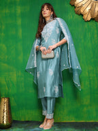 Embroidered Kurta With Pant & Dupatta, Aqua-Blue - Hiral Fashion - Distacart