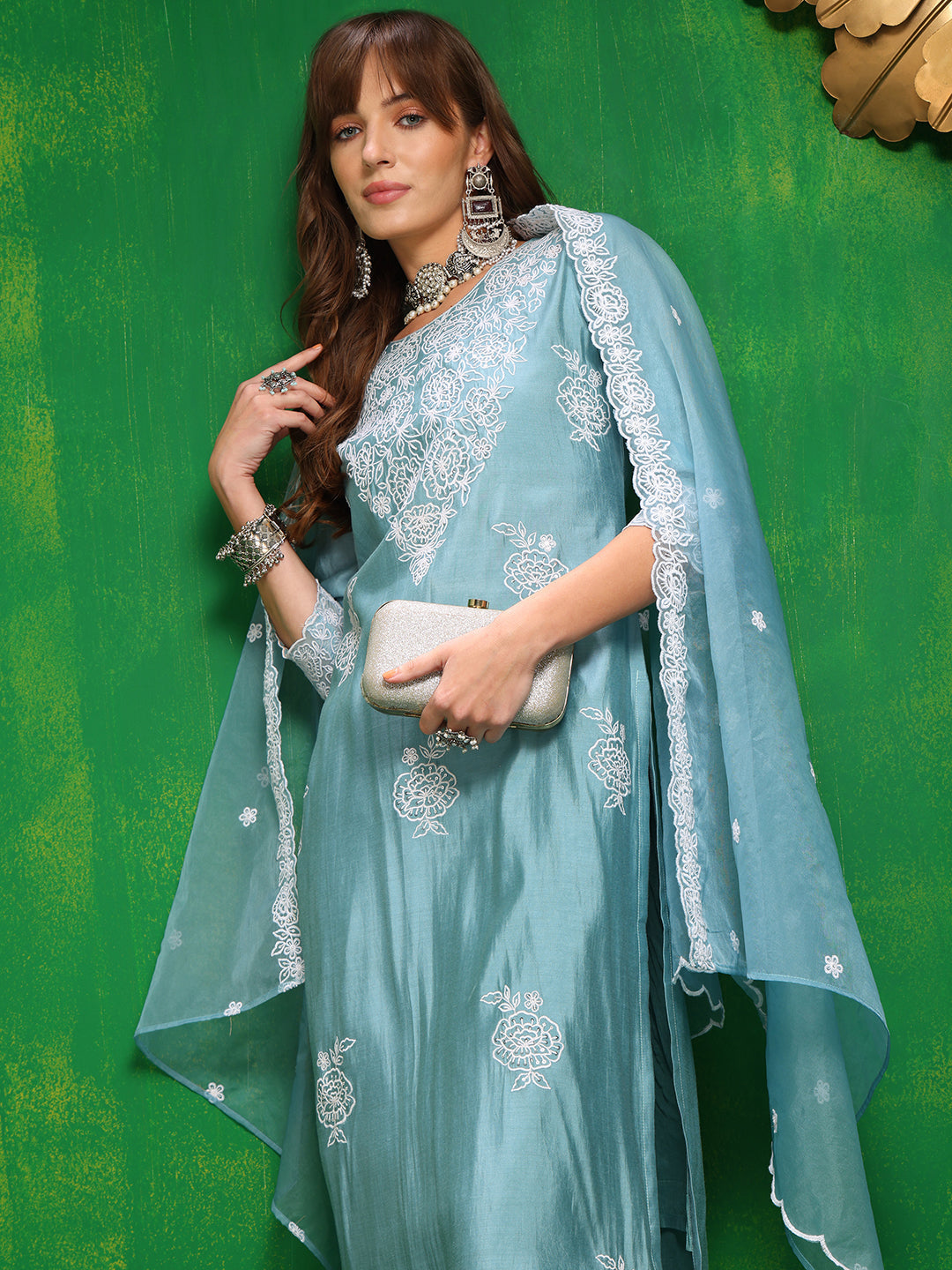 Embroidered Kurta With Pant & Dupatta, Aqua-Blue - Hiral Fashion - Distacart