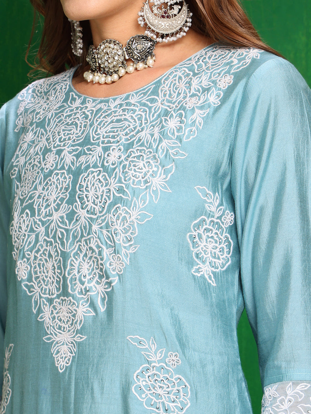 Embroidered Kurta With Pant & Dupatta, Aqua-Blue - Hiral Fashion - Distacart