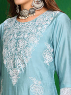 Embroidered Kurta With Pant & Dupatta, Aqua-Blue - Hiral Fashion - Distacart