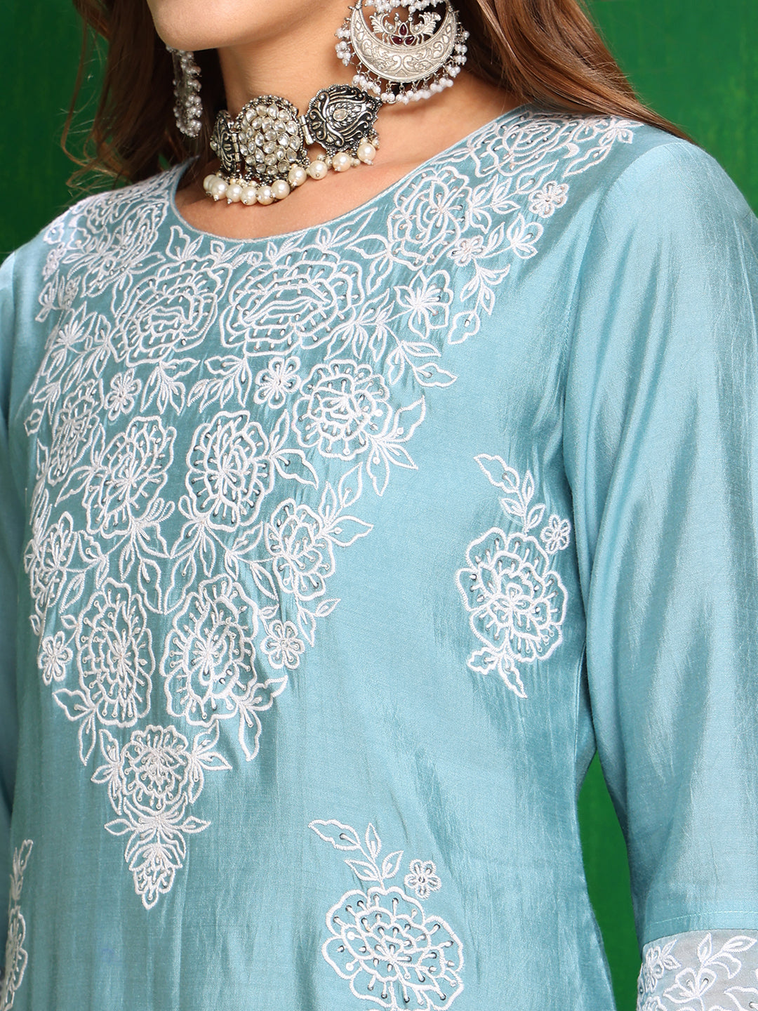 Embroidered Kurta With Pant & Dupatta, Aqua-Blue - Hiral Fashion - Distacart
