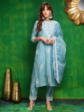 Embroidered Kurta With Pant & Dupatta, Aqua-Blue - Hiral Fashion - Distacart