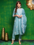 Embroidered Kurta With Pant & Dupatta, Aqua-Blue - Hiral Fashion - Distacart