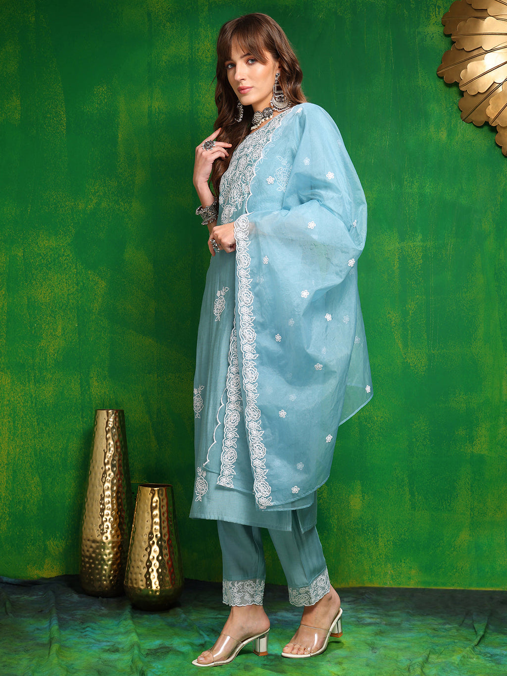 Embroidered Kurta With Pant & Dupatta, Aqua-Blue - Hiral Fashion - Distacart