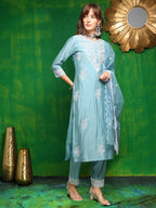 Embroidered Kurta With Pant & Dupatta, Aqua-Blue - Hiral Fashion - Distacart