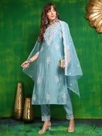 Embroidered Kurta With Pant & Dupatta, Aqua-Blue - Hiral Fashion - Distacart