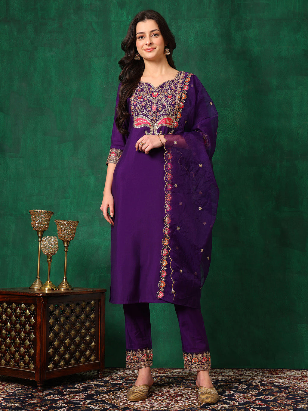 Embroidered Kurta With Pant & Embroidered Dupatta, Purple - Hiral Fashion - Distacart