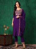 Embroidered Kurta With Pant & Embroidered Dupatta, Purple - Hiral Fashion - Distacart