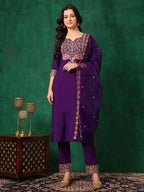 Embroidered Kurta With Pant & Embroidered Dupatta, Purple - Hiral Fashion - Distacart