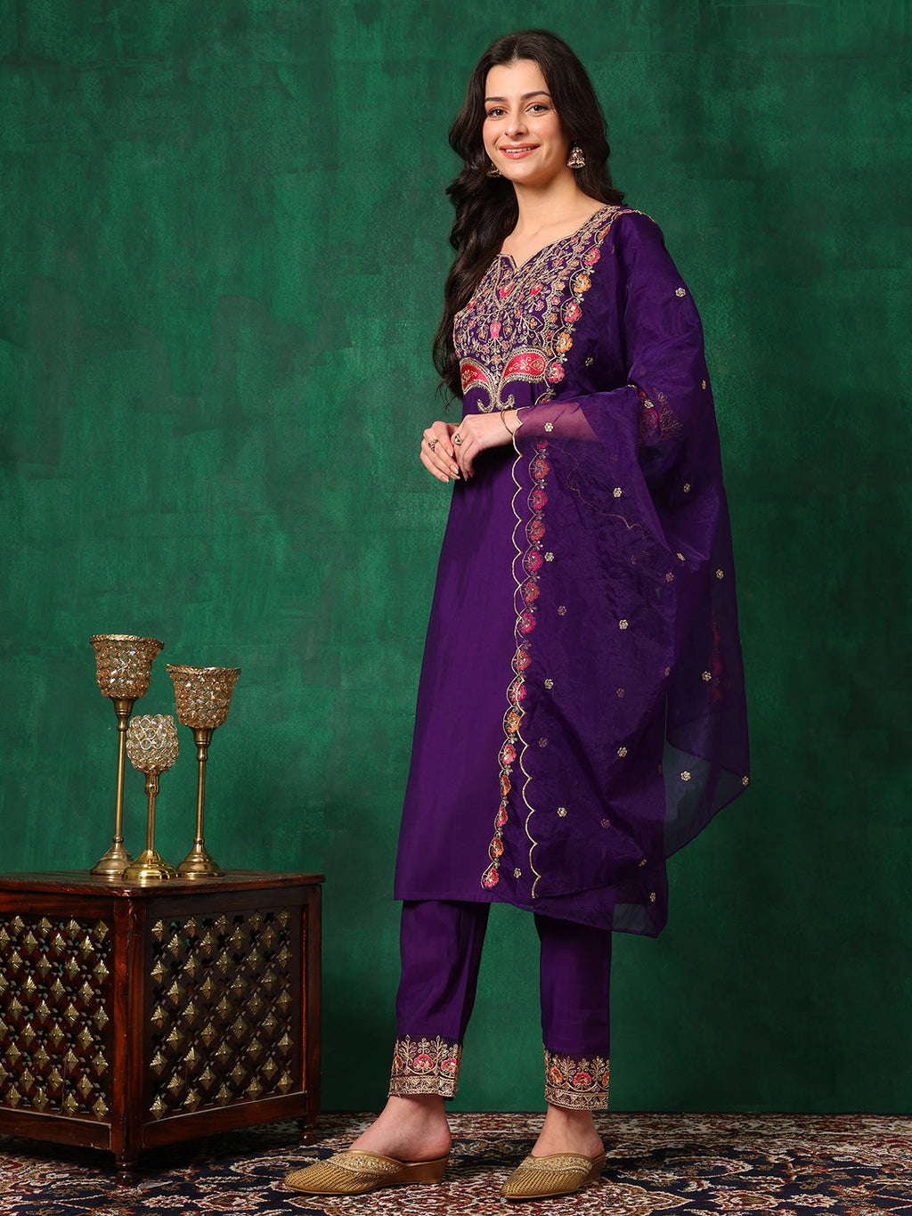 Embroidered Kurta With Pant & Embroidered Dupatta, Purple - Hiral Fashion - Distacart