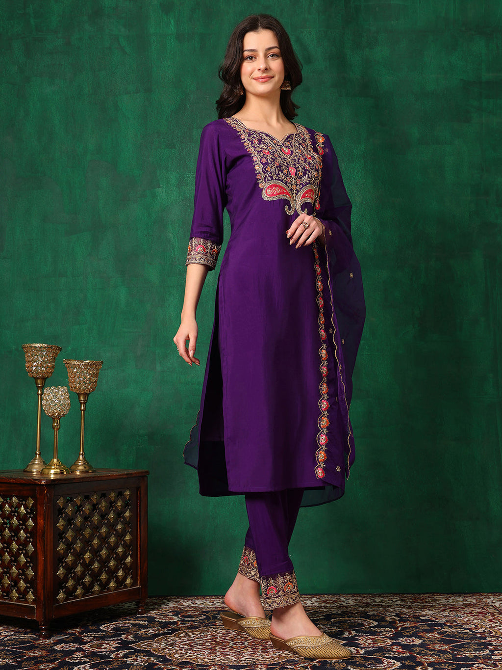 Embroidered Kurta With Pant & Embroidered Dupatta, Purple - Hiral Fashion - Distacart