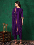Embroidered Kurta With Pant & Embroidered Dupatta, Purple - Hiral Fashion - Distacart