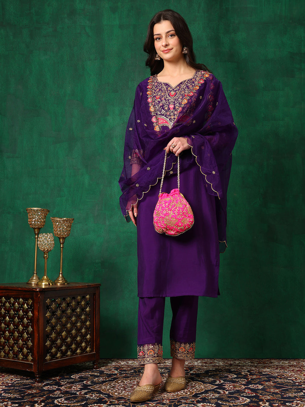 Embroidered Kurta With Pant & Embroidered Dupatta, Purple - Hiral Fashion - Distacart