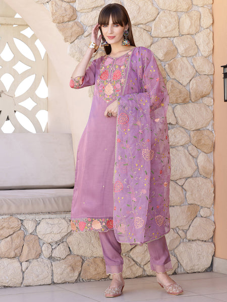 Embroidered Kurta With Pant & Embroidered Dupatta, Purple - Hiral Fashion