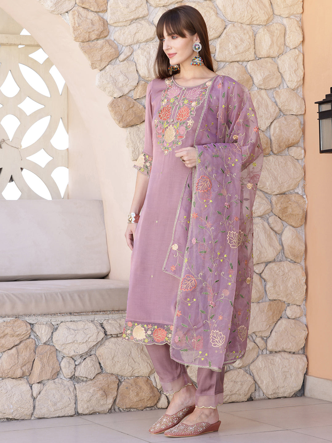 Embroidered Kurta With Pant & Embroidered Dupatta, Purple - Hiral Fashion - Distacart