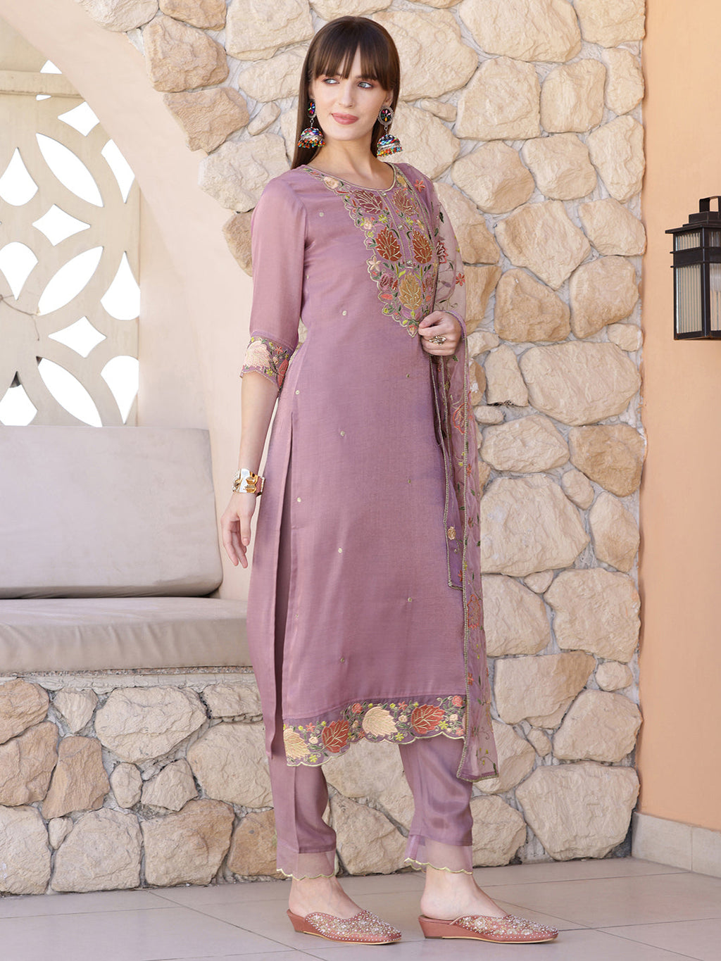Embroidered Kurta With Pant & Embroidered Dupatta, Purple - Hiral Fashion - Distacart