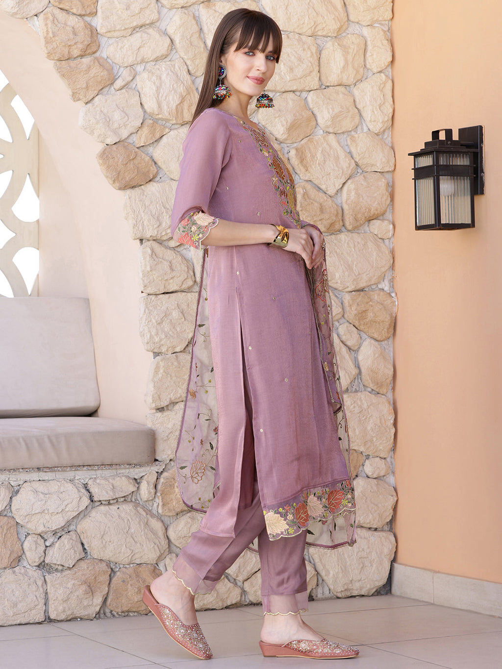 Embroidered Kurta With Pant & Embroidered Dupatta, Purple - Hiral Fashion - Distacart