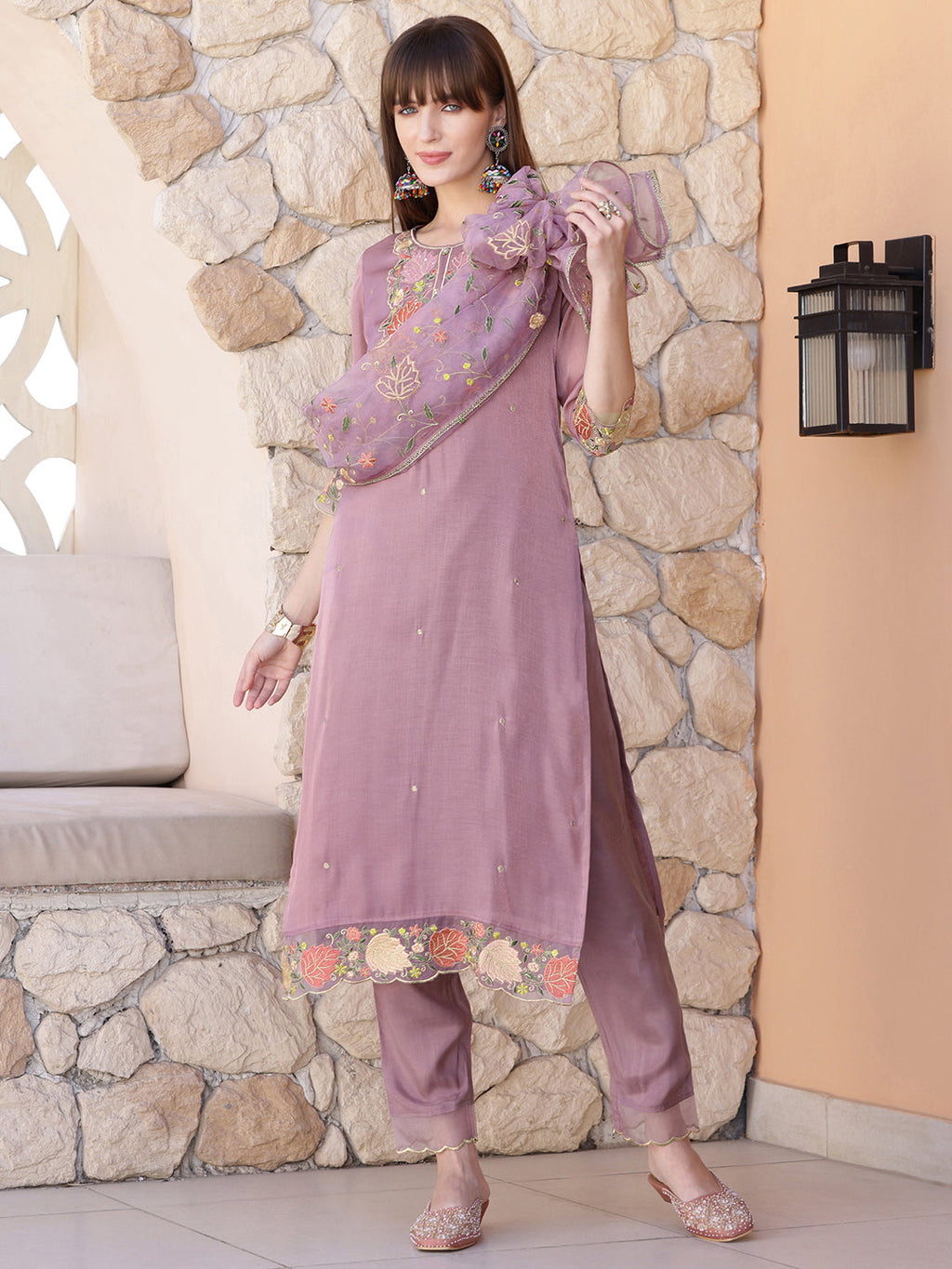 Embroidered Kurta With Pant & Embroidered Dupatta, Purple - Hiral Fashion - Distacart
