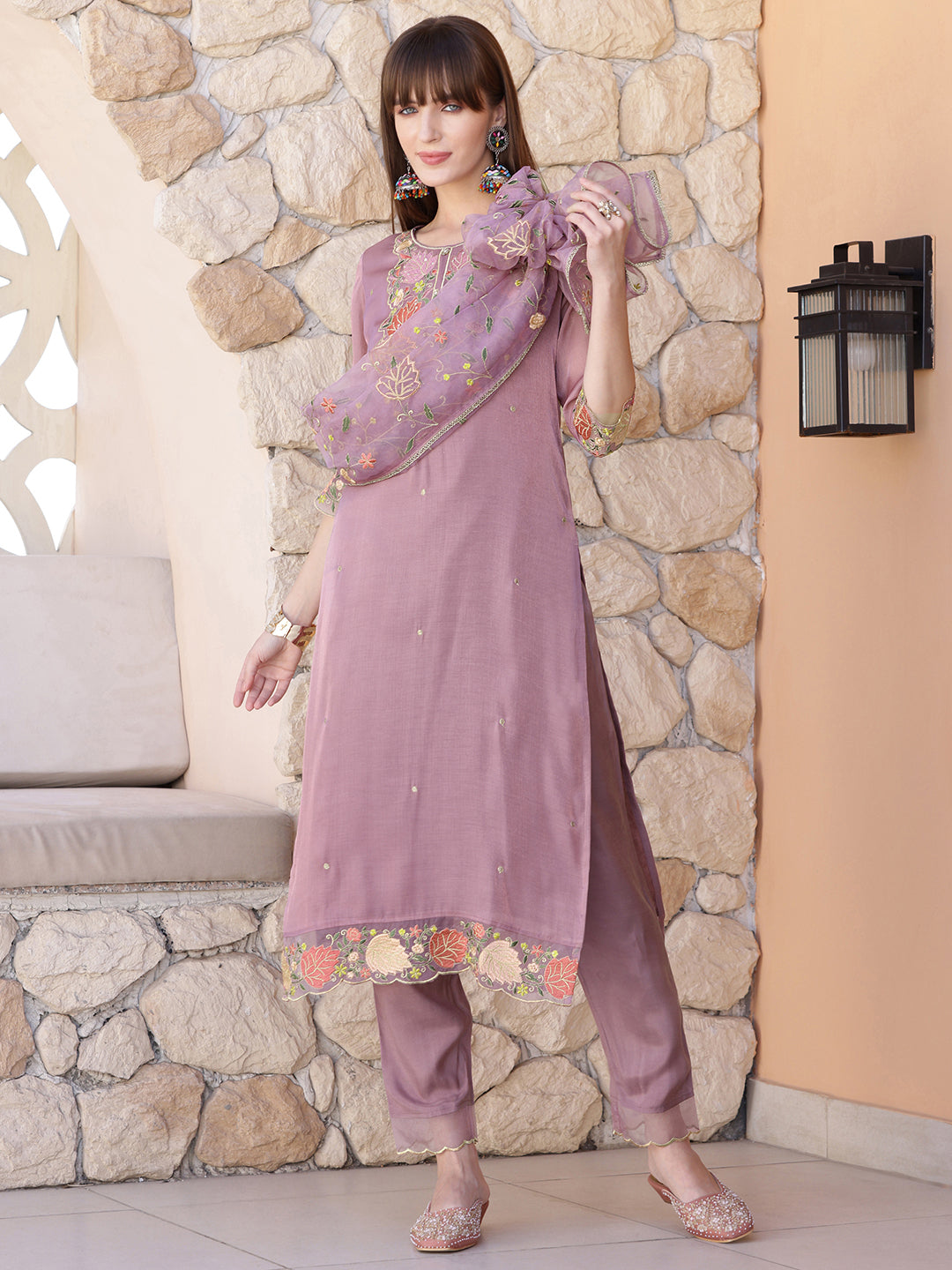 Embroidered Kurta With Pant & Embroidered Dupatta, Purple - Hiral Fashion - Distacart