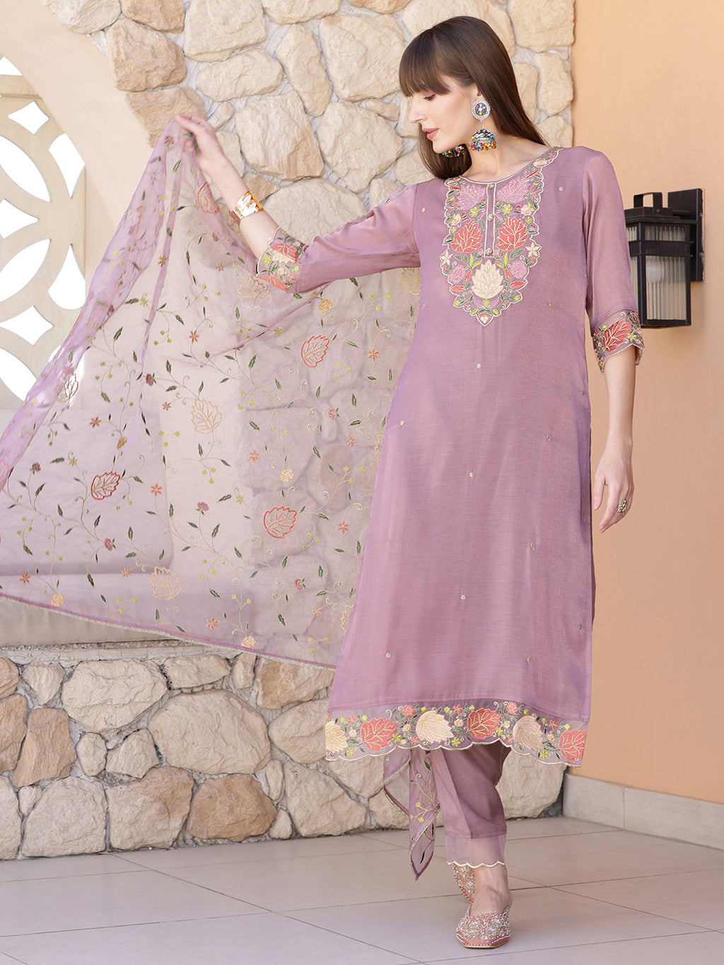 Embroidered Kurta With Pant & Embroidered Dupatta, Purple - Hiral Fashion - Distacart
