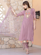 Embroidered Kurta With Pant & Embroidered Dupatta, Purple - Hiral Fashion - Distacart