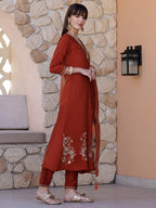 Hand Embroidered Kurta With Pant & Embroidered Dupatta, Rust - Hiral Fashion - Distacart