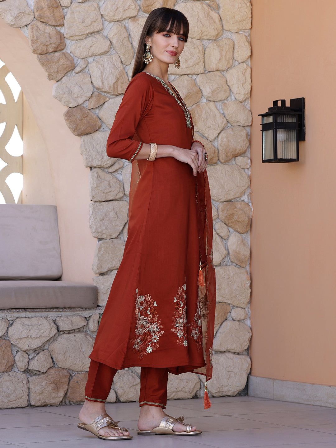 Hand Embroidered Kurta With Pant & Embroidered Dupatta, Rust - Hiral Fashion - Distacart