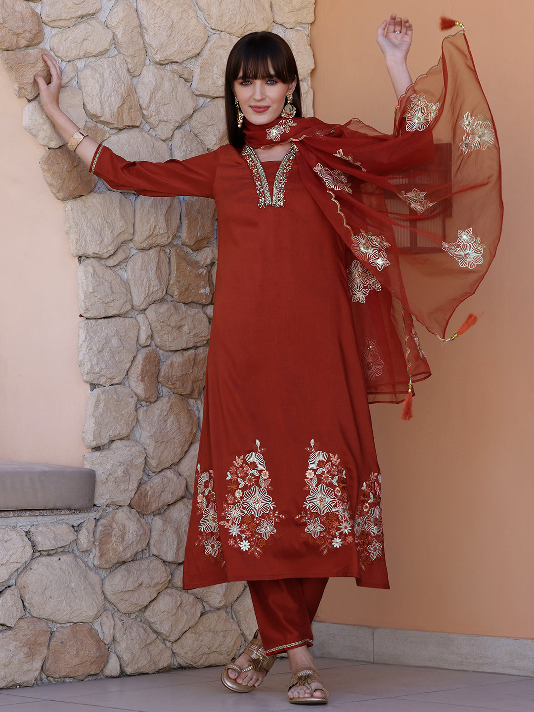 Hand Embroidered Kurta With Pant & Embroidered Dupatta, Rust - Hiral Fashion - Distacart