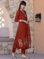 Hand Embroidered Kurta With Pant & Embroidered Dupatta, Rust - Hiral Fashion - Distacart
