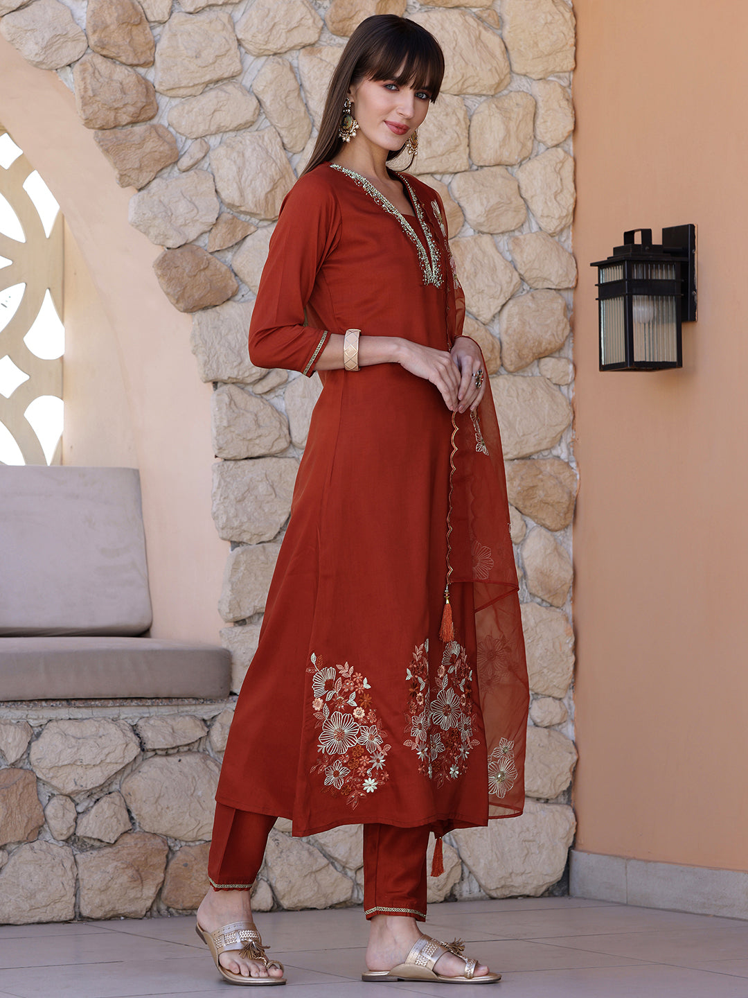 Hand Embroidered Kurta With Pant & Embroidered Dupatta, Rust - Hiral Fashion - Distacart