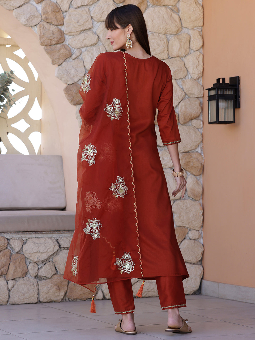 Hand Embroidered Kurta With Pant & Embroidered Dupatta, Rust - Hiral Fashion - Distacart