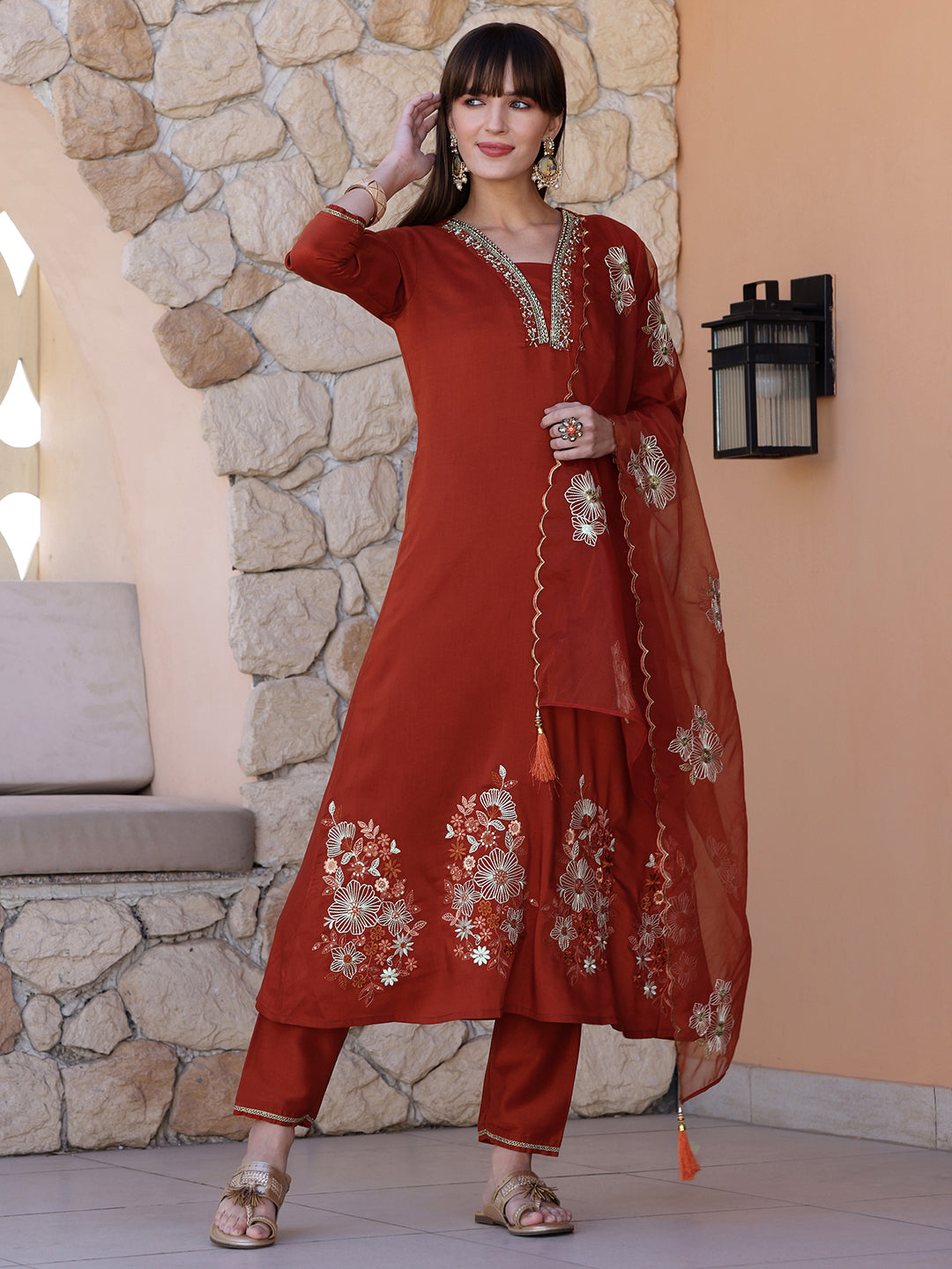 Hand Embroidered Kurta With Pant & Embroidered Dupatta, Rust - Hiral Fashion - Distacart