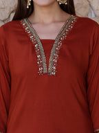 Hand Embroidered Kurta With Pant & Embroidered Dupatta, Rust - Hiral Fashion - Distacart