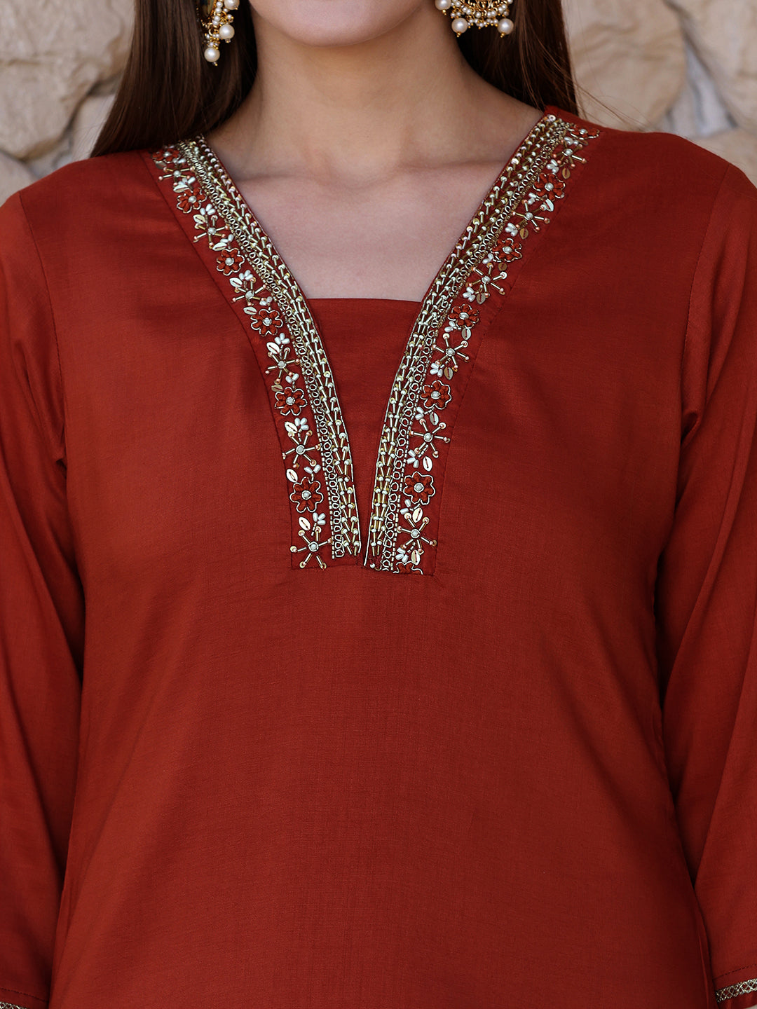 Hand Embroidered Kurta With Pant & Embroidered Dupatta, Rust - Hiral Fashion - Distacart