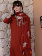 Hand Embroidered Kurta With Pant & Embroidered Dupatta, Rust - Hiral Fashion - Distacart