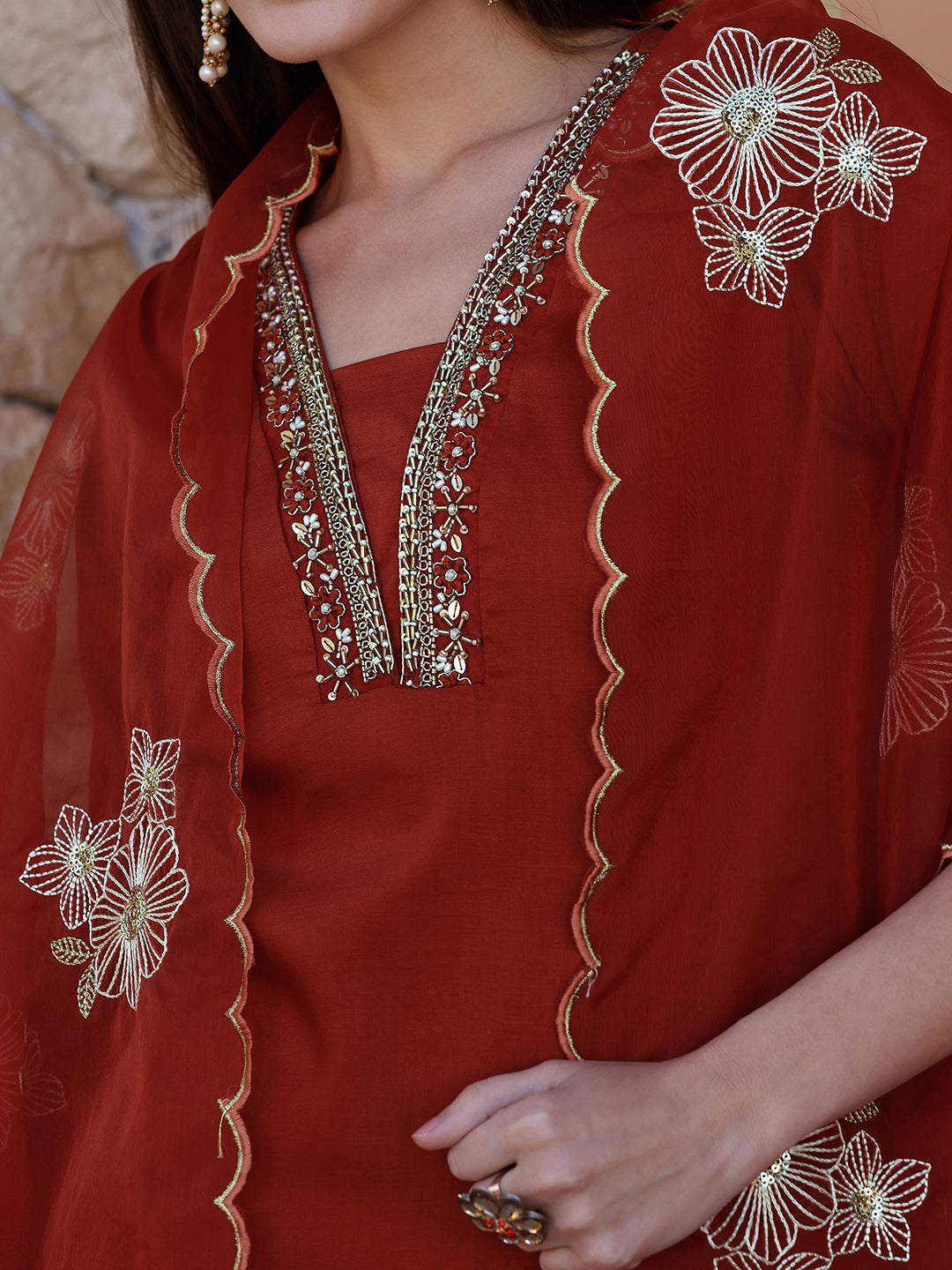 Hand Embroidered Kurta With Pant & Embroidered Dupatta, Rust - Hiral Fashion - Distacart