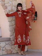 Hand Embroidered Kurta With Pant & Embroidered Dupatta, Rust - Hiral Fashion - Distacart