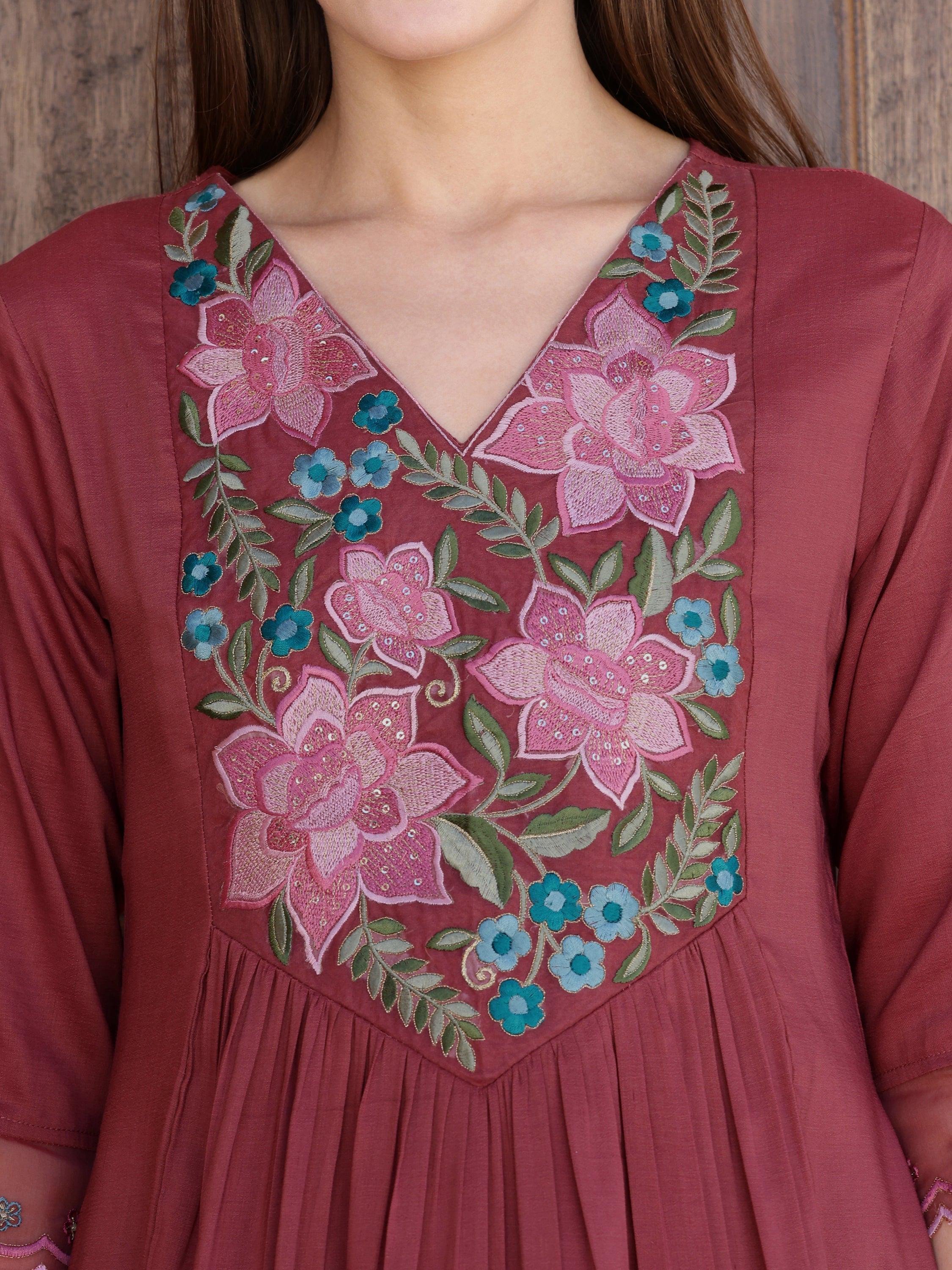 Aline Embroidered Kurta With Pant & Embroidered Dupatta, Rust - Hiral Fashion - Distacart