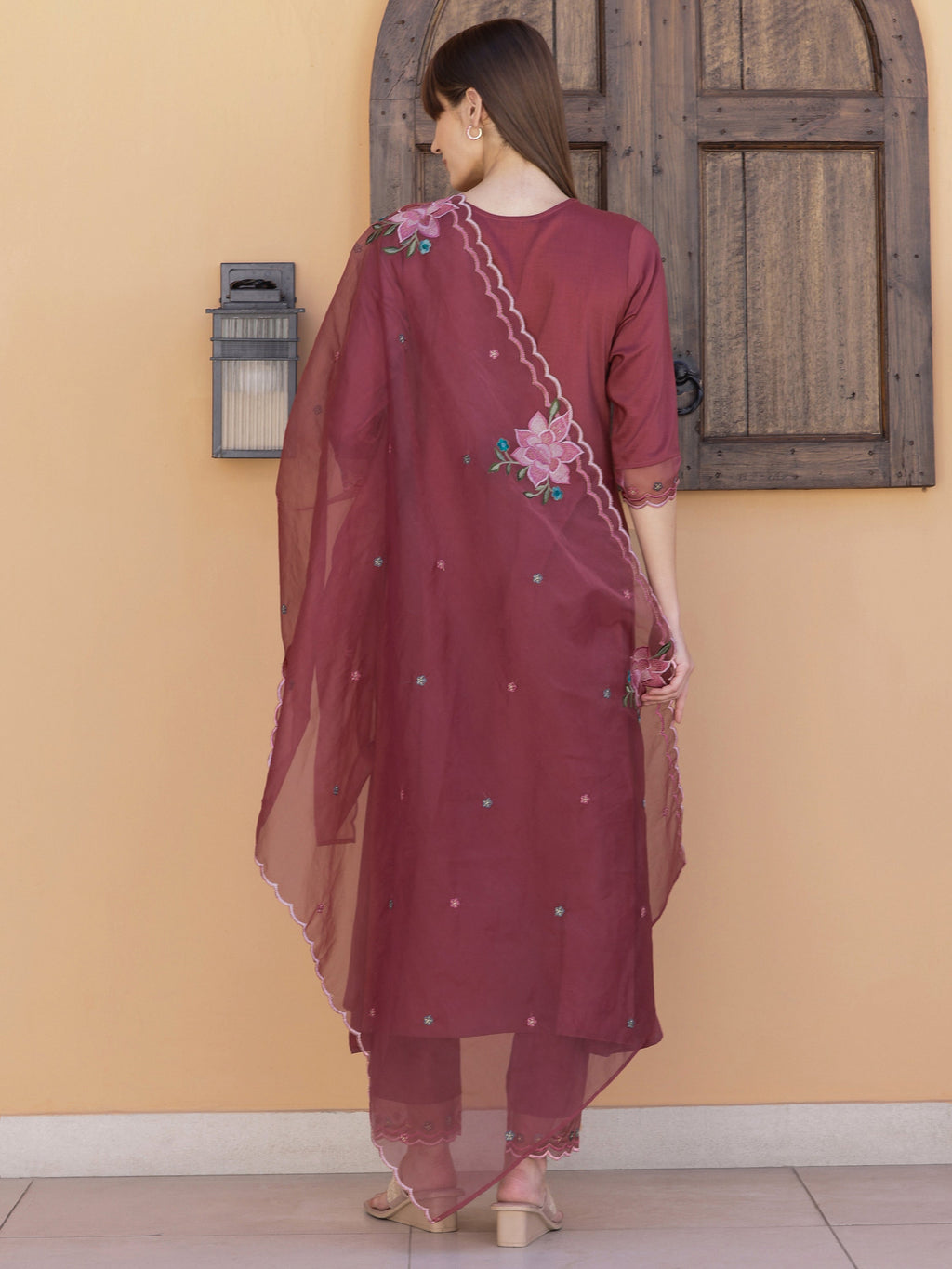 Aline Embroidered Kurta With Pant & Embroidered Dupatta, Rust - Hiral Fashion - Distacart