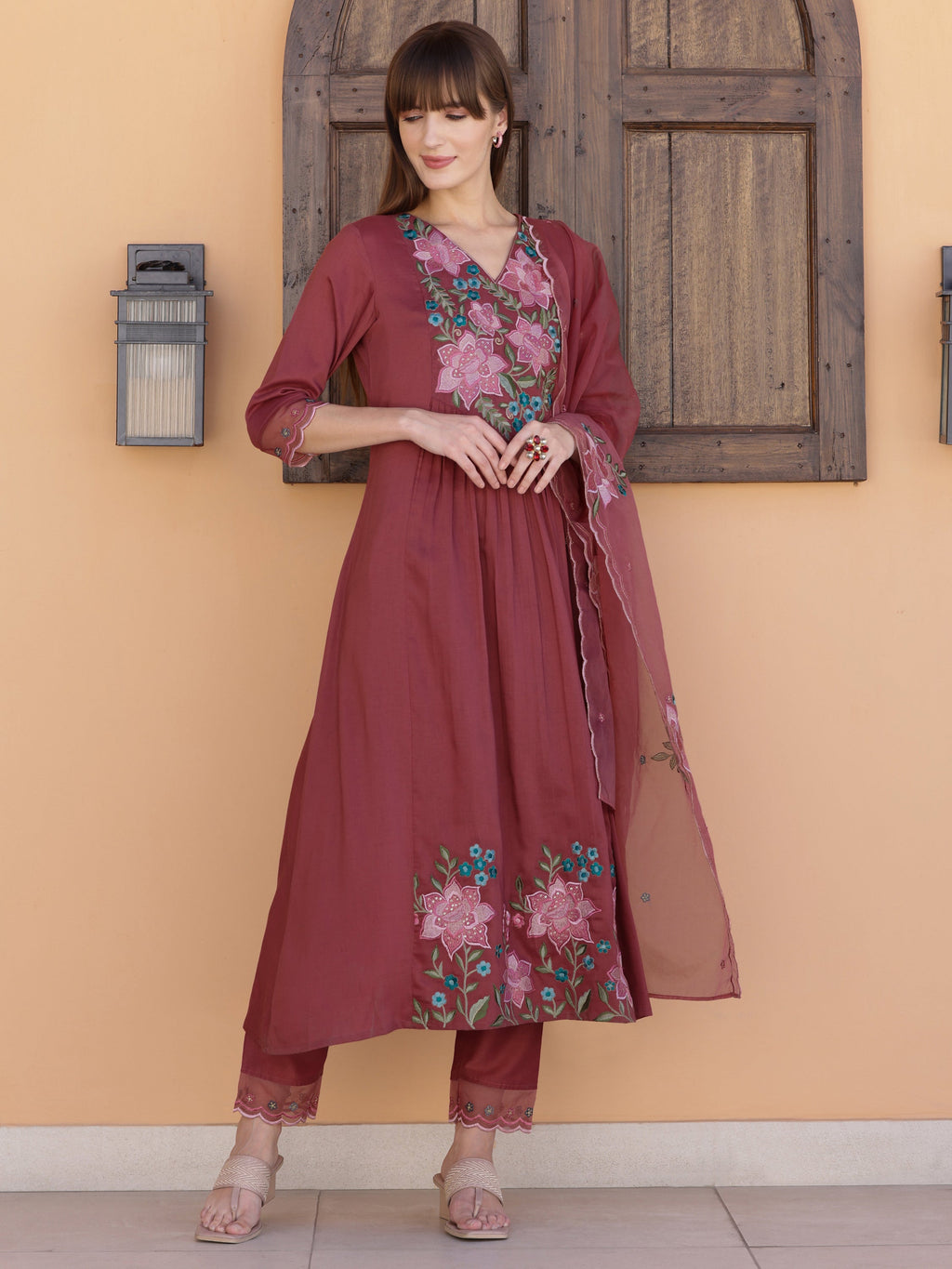 Aline Embroidered Kurta With Pant & Embroidered Dupatta, Rust - Hiral Fashion - Distacart