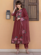 Aline Embroidered Kurta With Pant & Embroidered Dupatta, Rust - Hiral Fashion - Distacart