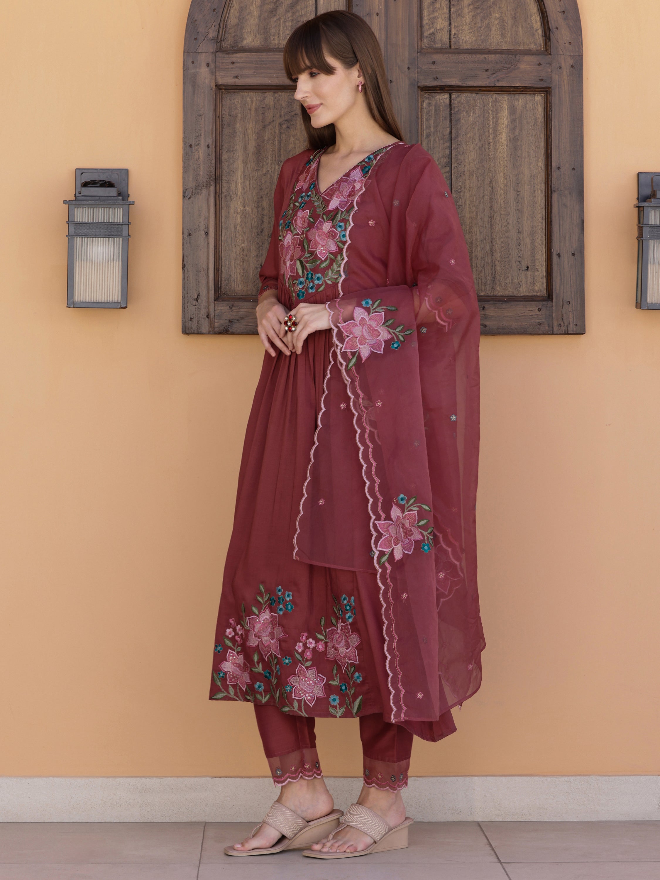 Aline Embroidered Kurta With Pant & Embroidered Dupatta, Rust - Hiral Fashion - Distacart