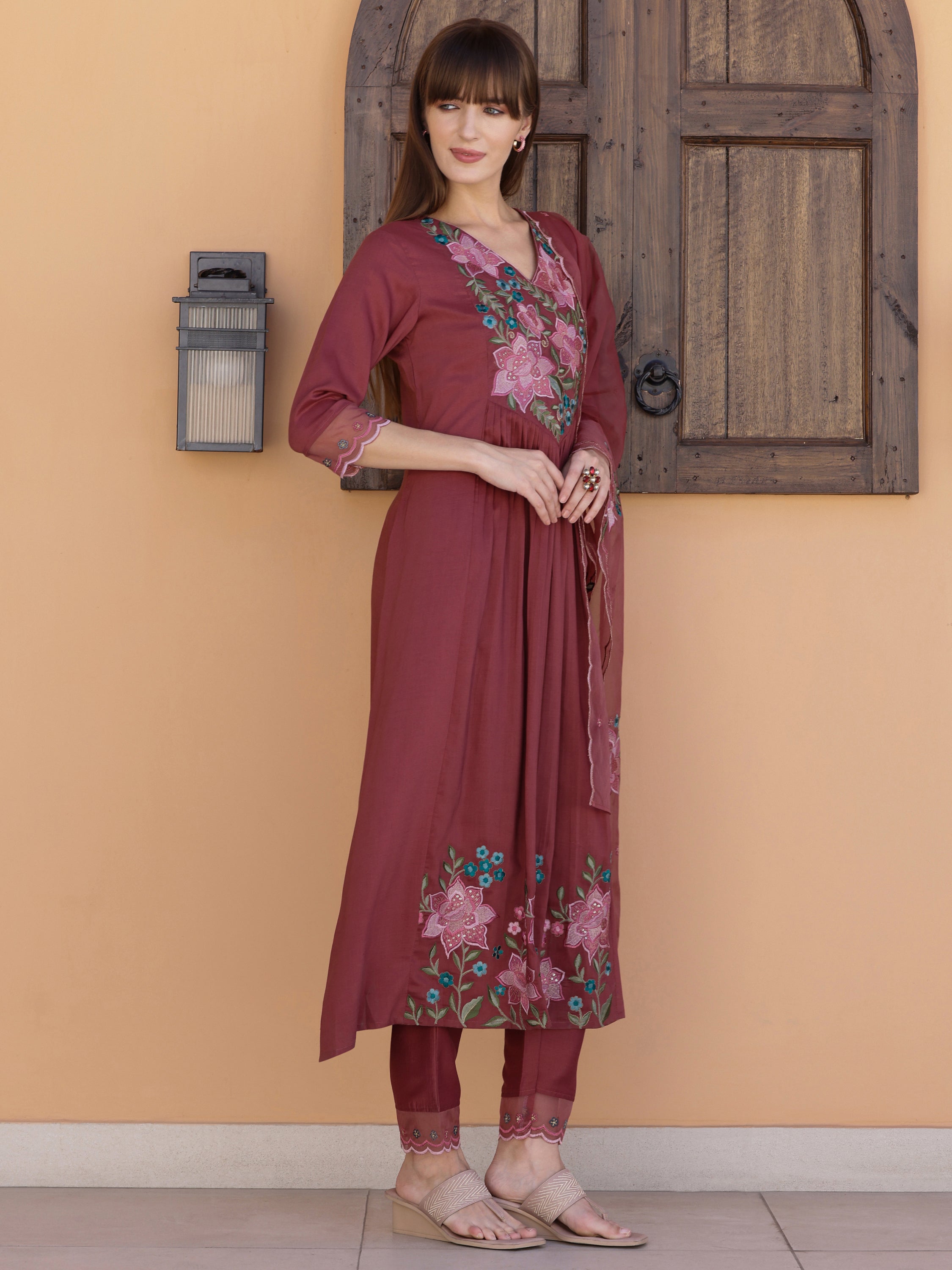 Aline Embroidered Kurta With Pant & Embroidered Dupatta, Rust - Hiral Fashion - Distacart