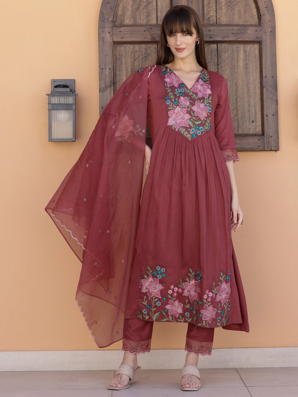 Aline Embroidered Kurta With Pant & Embroidered Dupatta, Rust - Hiral Fashion - Distacart