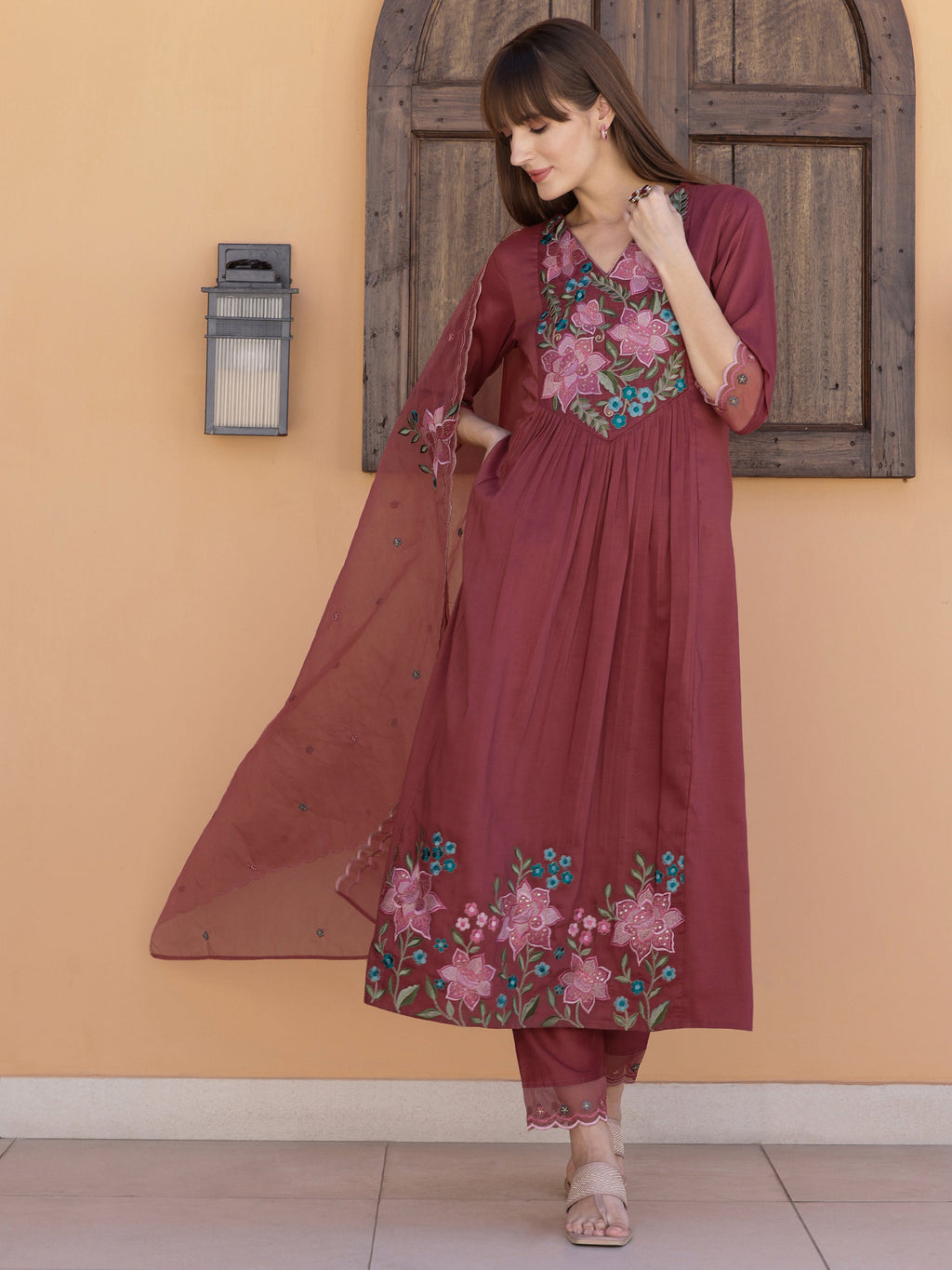 Aline Embroidered Kurta With Pant & Embroidered Dupatta, Rust - Hiral Fashion - Distacart