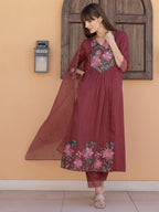 Aline Embroidered Kurta With Pant & Embroidered Dupatta, Rust - Hiral Fashion - Distacart