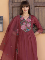 Aline Embroidered Kurta With Pant & Embroidered Dupatta, Rust - Hiral Fashion - Distacart