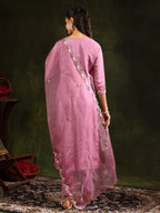 Embroidered Kurta With Pant & Organza Dupatta, Pink - Hiral Fashion - Distacart