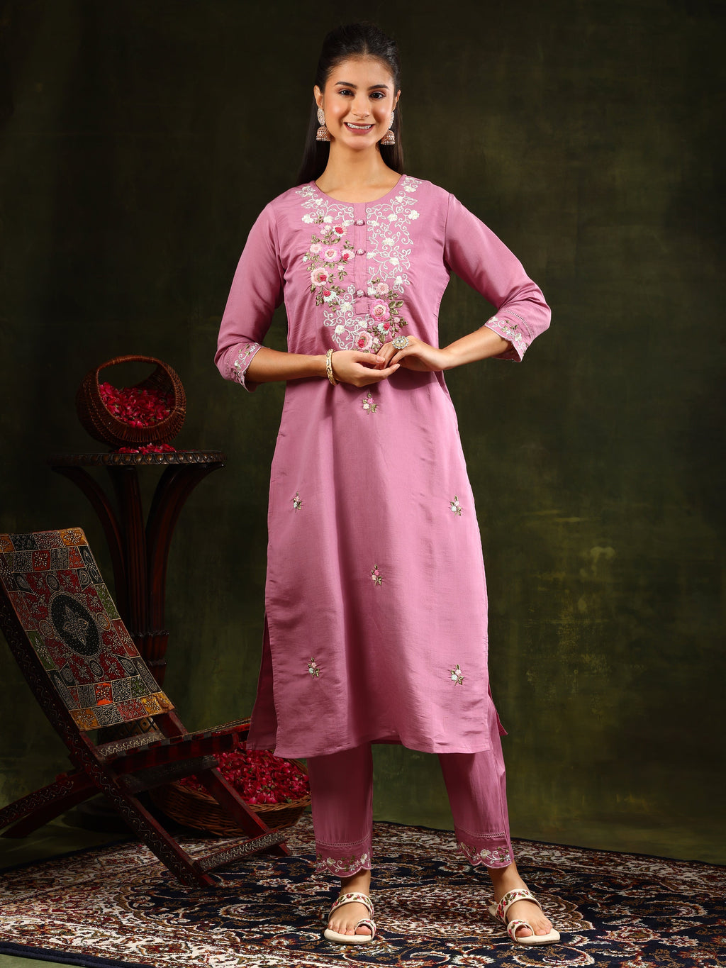 Embroidered Kurta With Pant & Organza Dupatta, Pink - Hiral Fashion - Distacart