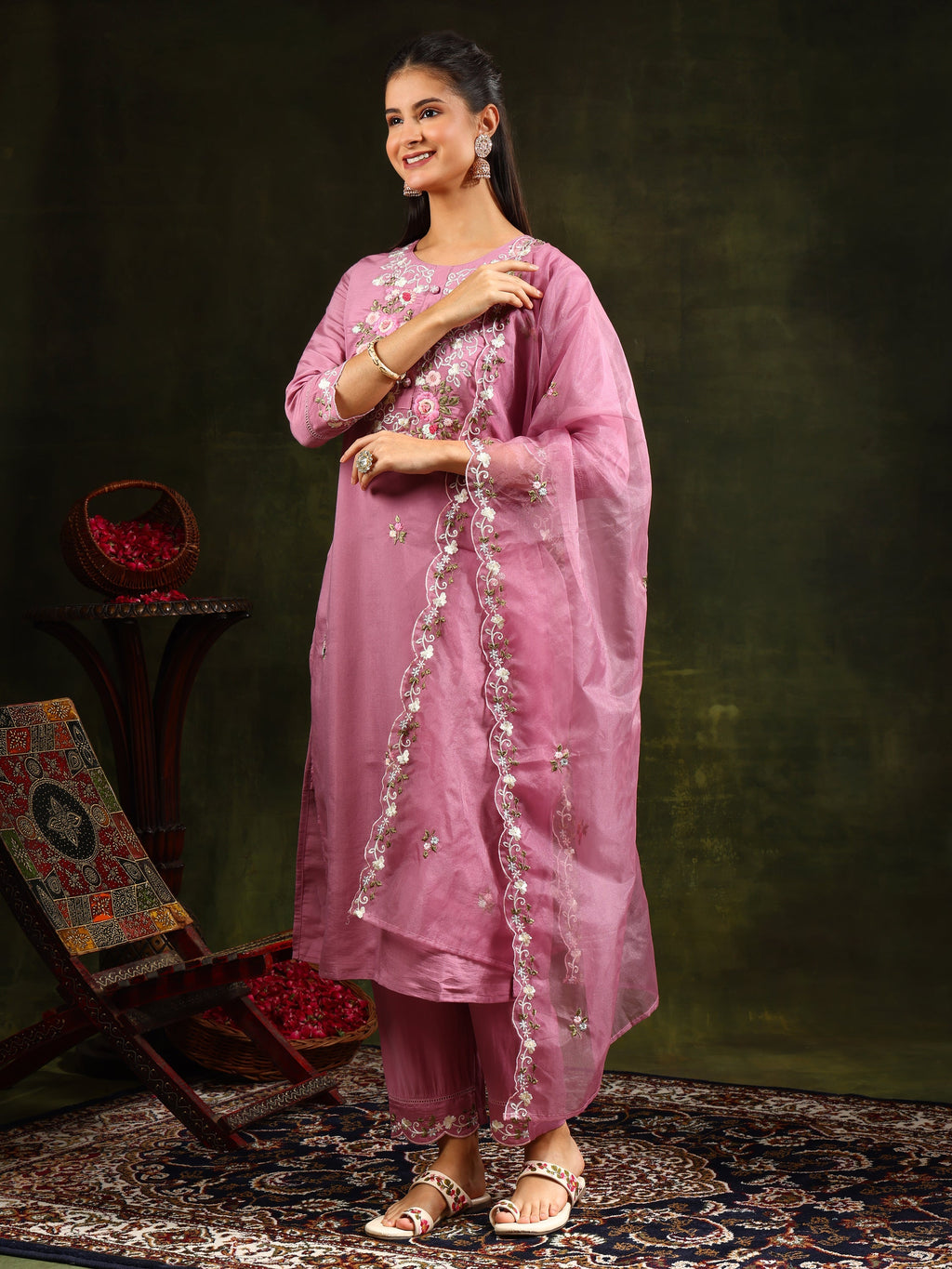 Embroidered Kurta With Pant & Organza Dupatta, Pink - Hiral Fashion - Distacart